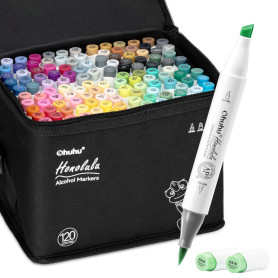 Ohuhu Feutre a Alcool 120 Colorés D'art, Pointe Double Feutres à Alcool Marqueurs Pinceau et Ciseau Burin Pour Artiste Etudiants