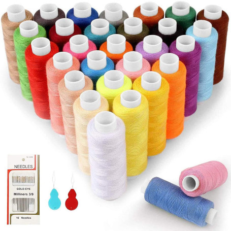 SOLEDI Fil à Coudre Kit de Fil de Polyester 30 Couleurs Chaque Bobine de 228,6 m de Longueur Avec 2 Enfile-aiguille et 16 Aiguil