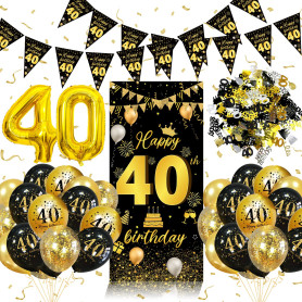 Décoration Anniversaire 40 Ans Noir Or - Bannières, Confettis, Ballons pour Fête de Femme et Homme