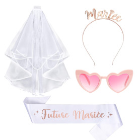 EVJF Accessoire Kit,4 Pièces Bride to Be Accessoire - Voile Mariée Blanc,Or Rose Couronne,Echarpe Evjf,Rose Lunette Coeur,Access