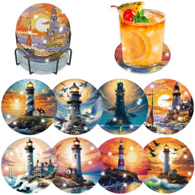 Lxmsja 8 Pcs Dessous de Verre Diamond Painting Phare, sous Verre Diamond Painting Paysage, Diamant Peinture Dessous de Verre ave