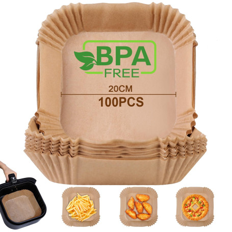 AiQInu Papier Sulfurisé pour Air Fryer,100 Pièces 20cm Cuisson Paper Liner,Food-Grade BPA gratuit, Jetable Antiadhésive Sans Hui