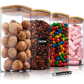 Deco haus® Bocaux en Verre Hermétique Lot de 4 [+ÉTIQUETTES] - Bocal en Verre avec Couvercle 4x1600ml - Bocal Rangement Cuisine 