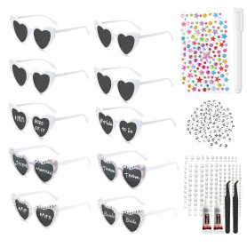 10 Paires DIY Lunettes Coeur, Lunettes de Soleil Coeur Colorées/Blanche avec Accessoires Décoratifs pour Fête Anniversaire, EVJF