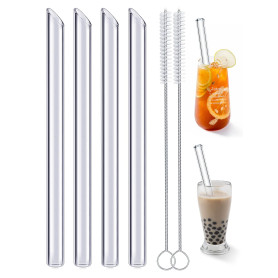 Realure Lot de 4 Paille en Verre Transparente avec Brosses, Verre Paille Bubble Tea Reutilisable de 14mm Large, Grosse Pailles e