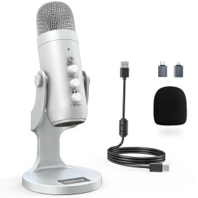 ZealSound Microphone USB, Micro podcast à Condensateur pour Téléphone PC Ordinateur PS5, avec Muet/Echo et Prise Moniteur, pour 
