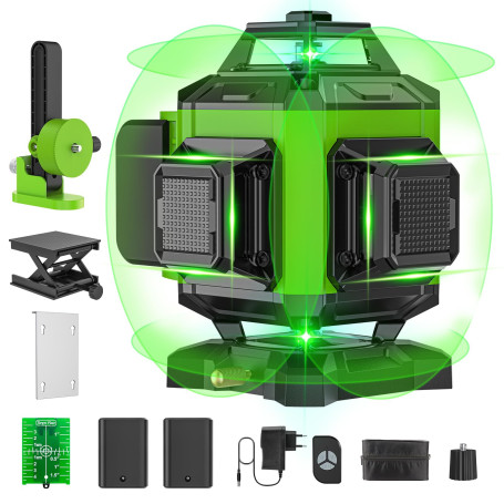 ponoseu Niveau Laser 4 x 360°, Niveau Laser Chantier Autonivelant 4D 16 Lignes avec 2 x Batterie, Nivellement Automatique, Suppo