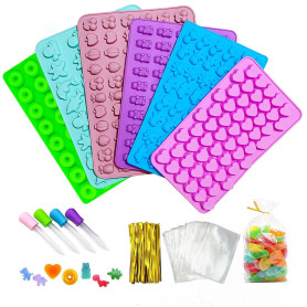 Gykutix 6 Pièces Moule Bonbon Silicone Sans BPA, Anti-AdhéSif Moule Silicone Gummies avec 4 Pipettes + 50 Sachets de Bonbons pou