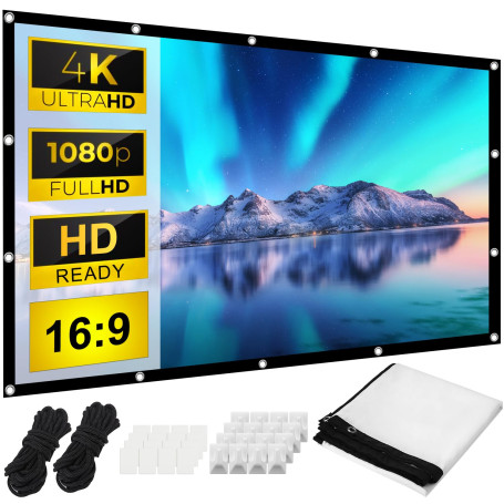 Zhufas 100" Écran de Projection,16: 9 4K HD, Portable Pliable Extérieur pour Vidéoprojecteurs Écran 88" x 48" (221 x 125 cm), po