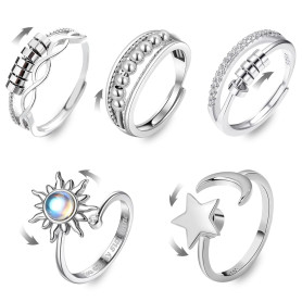 YSAOAKA 5 Pcs Bague Anti Stress Femme Argent, Fidget Bague Anxiété Rotative, Anxiete Reglable Cadeaux pour Femmes Hommes