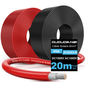 Oududianzi Cable Solaire 6mm2 20m, Cable Panneau Solaire 10/15/20/30/50m, Rallonge Cable Panneau Solaire 6mm2, Câble Photovoltaï