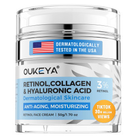 OUKEYA Creme Retinol Visage - 3% Rétinol + 5% Niacinamide & Acide Hyaluronique - Anti Ride, Anti Age, Unifie le Teint, Hydrater,