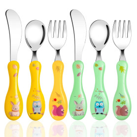 PAEFIU Set Couverts Enfant en INOX, 6 Pièces Couverts Bebe avec Motif Mignon, 2 x Fourchettes, 2 x Cuillères, 2 x Couteaux, Couv