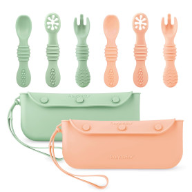 PandaEar Lot de 6 Cuillères et Fourchettes en Silicone pour Bébé avec 2 Sacs de Rangement pour Couverts, Set d'Utensiles d'Auto-