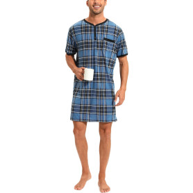 Chemise de Nuit Homme Pyjama Manches Courtes Hauts de Pyjama Homme Tee-Shirt Long Col Rond avec Boutons Vêtements d'Intérieur T-