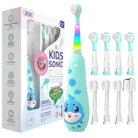Seago recharge brosse a dent electrique enfant, brosse a dent bebe avec lumière LED 8 têtes, 60 jours d'utilisation, minuteur et