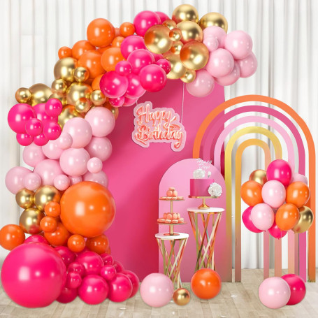 Kit Arche Ballon Rose Orange, Guirlande de Ballons Rose Orange avec Métallique Chrome Doré Latex Ballons pour Filles Enfant Fête