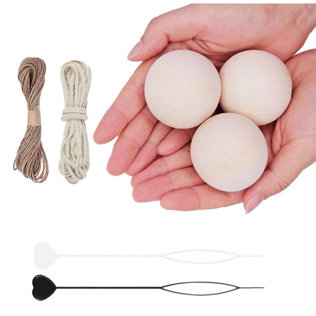 HXJDAM Lot de 8 grosses perles en bois de 50 mm avec trou - Avec perforateur de fil - Perles rondes en bois naturel non traité p