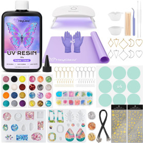 HeyClear 250g Kit de Resine UV avec Lampe, Résine UV Transparent Comprend Moule et Matériel de Moulage pour Création de Bijoux, 