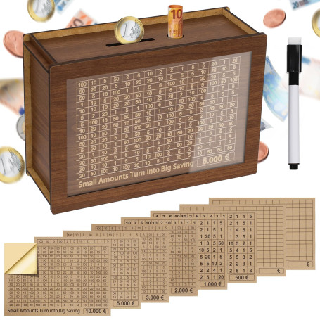 Alyvisun 5000€ Tirelire en Bois avec Marqueur et Autocollants, Tirelire Réutilisable avec Objectifs Chiffres D'épargne, Tireliur