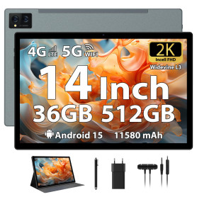 LEVIRTU Android 15 Tablette 14 Pouces 2K FHD, 36GB+512GB/TF 2TB, Octa-Core, 11580mAh, 4-Speaker, 13MP Caméra, Grande Tablette av