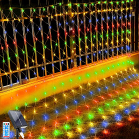 LED Solaire Guirlande Lumineuse, 1.5x1.5M Guirlande Lumineuse Filet, 96 LEDs 8 Modes Étanche Extérieure Maille Lumineuse avec Té