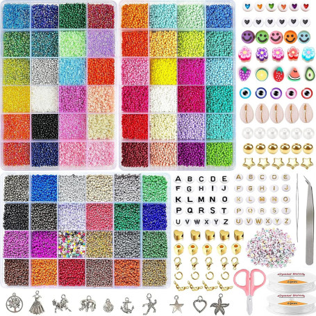 72 Couleurs 45348pcs 2mm Perles de Rocaille, pour Bracelet, pour Bijoux,Kit Bracelet avec 708 Accessoires Lettre pour Collier Bo