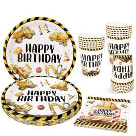 Lot de 52 Pièces de Vaisselle, Assiette Anniversaire Chantier de Construction Enfants Fête Assiettes en Carton Serviette Gobelet