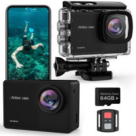 TIMNUT 4K60FPS Caméra Sport- Caméra Étanche avec Carte SD 64G 48MP HD WiFi Camera with EIS, Caméras Embarquées with 2 * 1350 mAh