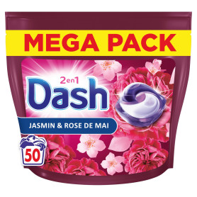 Dash 2en1 PODS Jasmin et Rose de Mai, 50 Lavages, Lessive Capsules 3-en-1, 3 Semaines de Fraîcheur avec Lenor, Notes Florales et