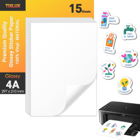 Tixlux 15 feuilles de papier autocollant vinyle pour imprimante jet d'encre, Fini Brillant, autocollant, sèche rapidement, coule