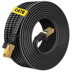 ARISKEEN Cat 8 Câble Ethernet 30M, Cat8 Tressé Plat Haut Débit (40Gbps 2000Mhz/s) Gigabit Rj45 STP Câble Blindé Internet Réseau 