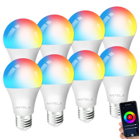 ANTELA Ampoule Connectée WiFi E27 LED RGB+CCT 2700K-6500K, Compatible Avec Alexa/Google Home, Ampoule Intelligente, 8PCS