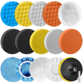 125mm Tampon de Polissage de Voiture, 16 PCS Kit Polissage Voiture, Pad Polissage Adaptateur de Perceuse et Tampons de Cire de L