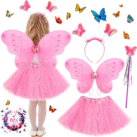 POWZOO Costume Papillon Enfants,4 pièces Déguisement de fée Papillon rose,Tutu+Ailes+Baguette+Serre-tête.Déguisement Papillon po