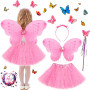 POWZOO Costume Papillon Enfants,4 pièces Déguisement de fée Papillon rose,Tutu+Ailes+Baguette+Serre-tête.Déguisement Papillon po