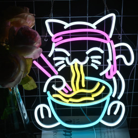 LUCUNSTAR Fortune Cat Ramen Neon Led,Neon Mural Japonais à Intensité Variable,Panneaux Néon Pour Mur,Panneaux Néon Pour à Domici