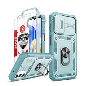 LeYi Coque pour Samsung Galaxy A14 4G/5G avec 2 Verre Trempé,Anneau Support,Protection de la Caméra en PC Dur Anti-Chut Renforcé