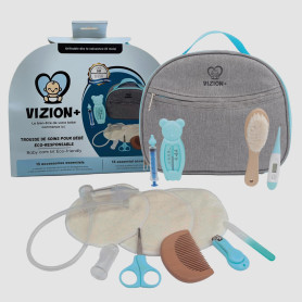 VIZION+ Trousse de Soin bébé – Kit Naissance Complet – 13 Accessoires dont Brosse et Peigne en Bois, Thermomètre, Mouche-Bébé, C