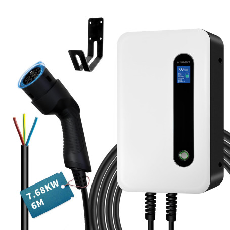 7KW Chargeur Voiture Electrique, Type 2 EVSE Recharge Voiture Electrique avec écran Numérique (IEC 62196-2, 32A, 6m), Monophasé 