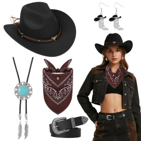 Saier tbo 5 Pièces Set de Déguisement Cowboy Western pour Femme, Kit Accessoires de Cowgirl avec Chapeau Collier Boucles d'oreil