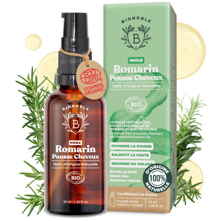 BIONOBLE Huile de Romarin pour Cheveux Bio - Favorise la Pousse et Ralentit la Chute - Huile Romarin Cheveux, Ricin, Argan, Jojo