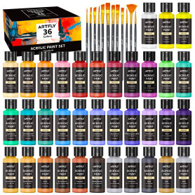 ARTFLY Peinture Acrylique Kit, 36 Couleurs × 60ml, avec 12 Pinceaux, Non Toxique, Riche Pigmentée, Peintures pour Débutant et Ar