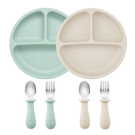 PandaEar Set de Vaisselle pour Bébé | 2 Assiettes Divisées avec Ventouse en Silicone, 2 Sets de Cuillères et Fourchettes pour Bé
