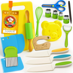 Lalfof Kit Cuisine Enfant avec 3 Couteau Cuisine Enfant | 20 Ustensiles de Cuisine Enfants Sécurisés | 1 Badge avec Le nom de l'