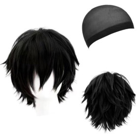 HTTDSLF Anime Perruque Courte Noir, Perruque Cosplay avec Frange pour Homme Dames, Deguisement pour Halloween Quotidienne Fête