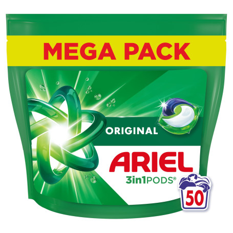 Ariel Pods 3en1 Original, Lessive en Capsules, 50 Lavages, Action Détachante En 1 Seul Lavage, Dissolution Rapide Même à Froid, 