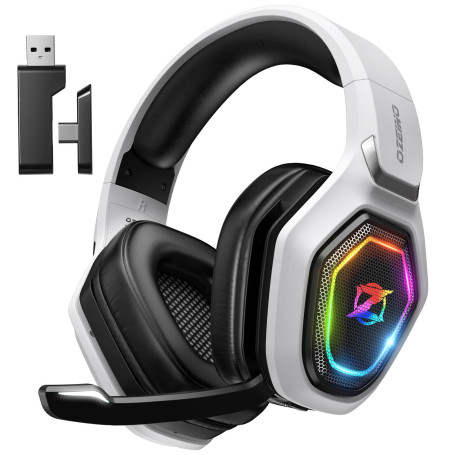 Ozeino Casque Gaming Sans Fil pour PC PS5 PS4, 2.4GHz Audio sans perte, USB & Type-C casque de jeu Ultra Stable avec Microphone 