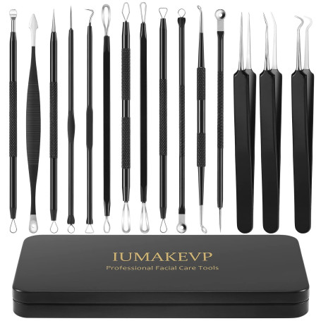 Extracteur Point Noir, IUMAKEVP 15 Pièces Tire Comédons Pince Professionnels en Acier Inoxydable pour Enlever Boutons, Acnés, Bo