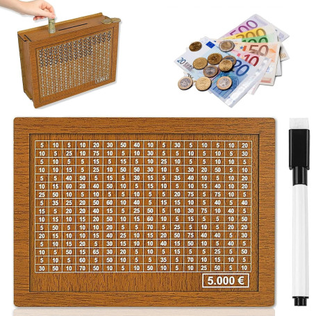 Tirelire en Bois Numérique Tirelire Réutilisable avec Stylo Effaçable Tirelire avec Objectif D'épargne et Chiffres à Cocher Tire